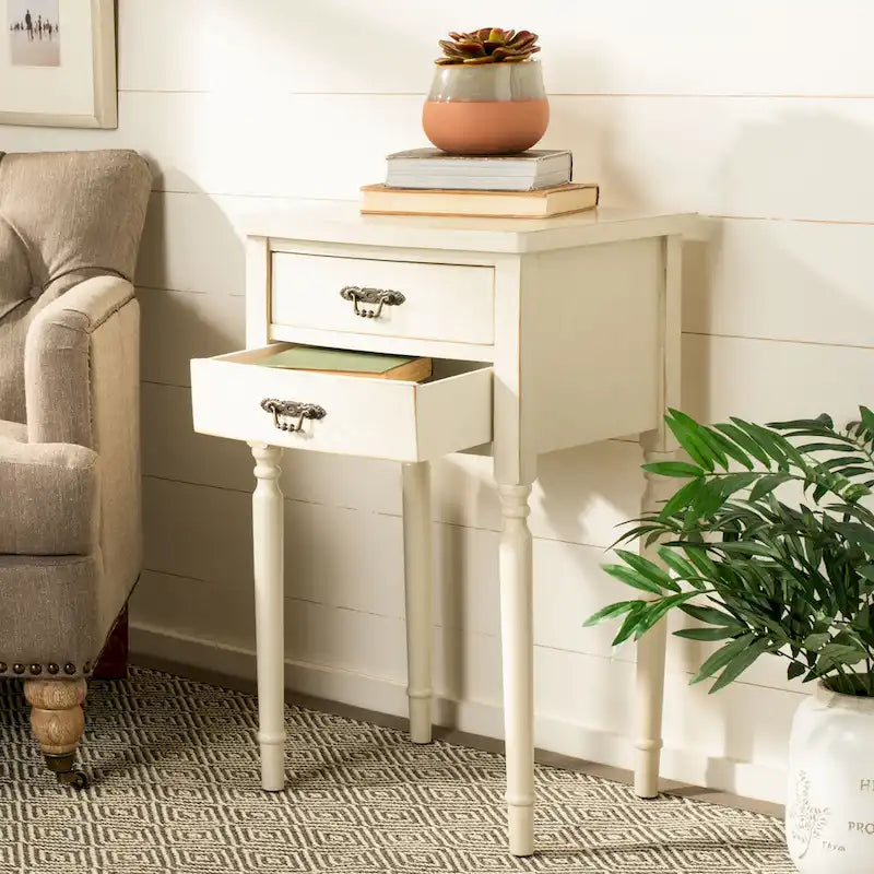 French Country Carved Wood Accent Table with Metal Pulls