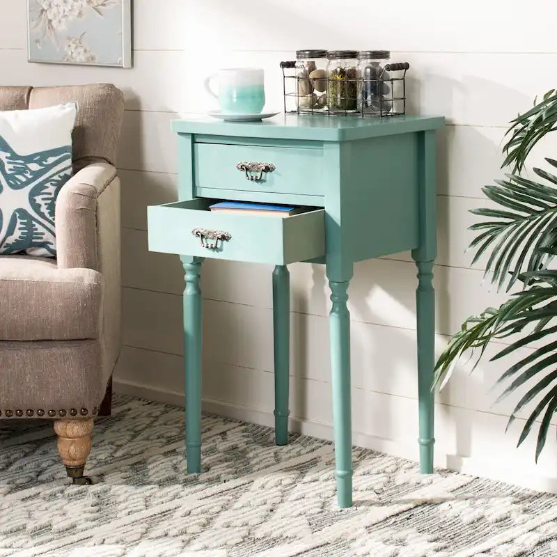 French Country Carved Wood Accent Table with Metal Pulls
