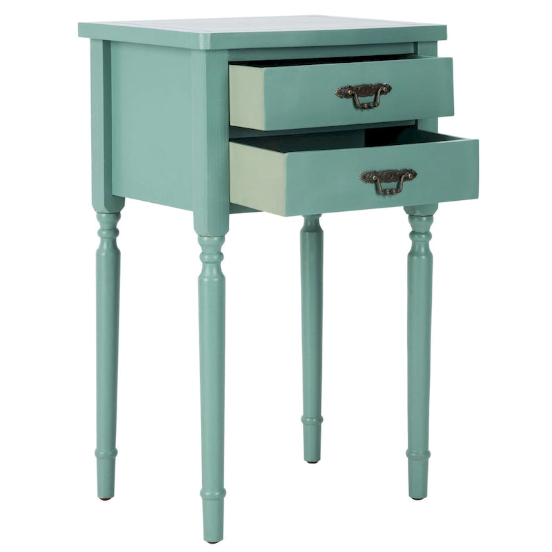 French Country Carved Wood Accent Table with Metal Pulls