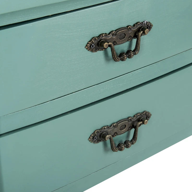 French Country Carved Wood Accent Table with Metal Pulls