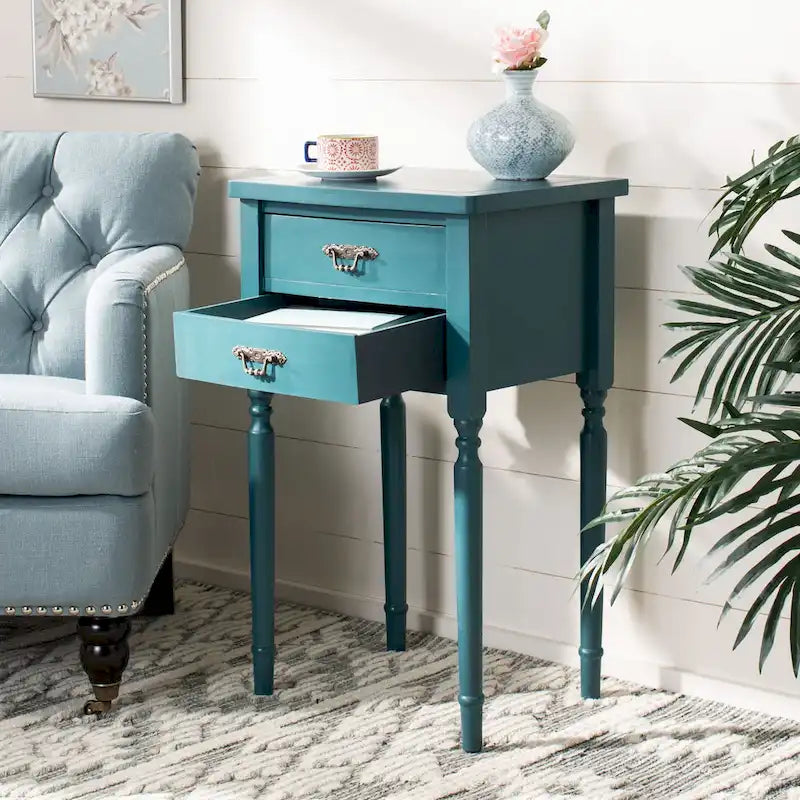 French Country Carved Wood Accent Table with Metal Pulls