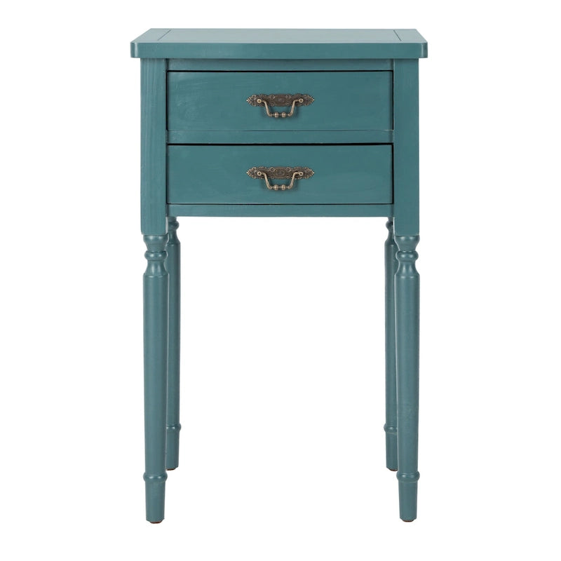 French Country Carved Wood Accent Table with Metal Pulls