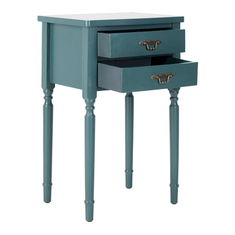 French Country Carved Wood Accent Table with Metal Pulls