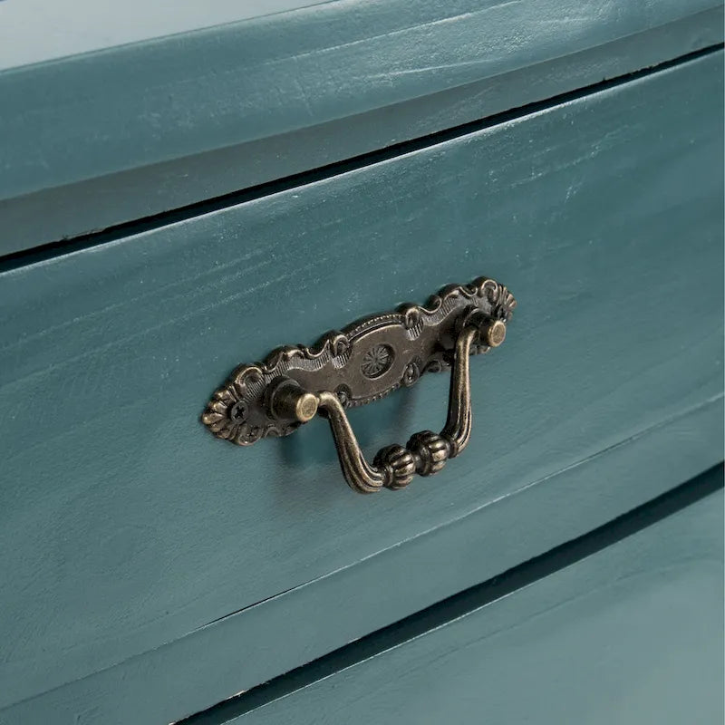 French Country Carved Wood Accent Table with Metal Pulls