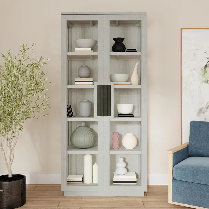 Reclaimed Pine Wood Display Cabinet with Tempered Glass Doors