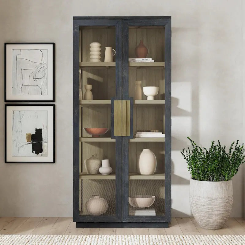 Reclaimed Pine Wood Display Cabinet with Tempered Glass Doors