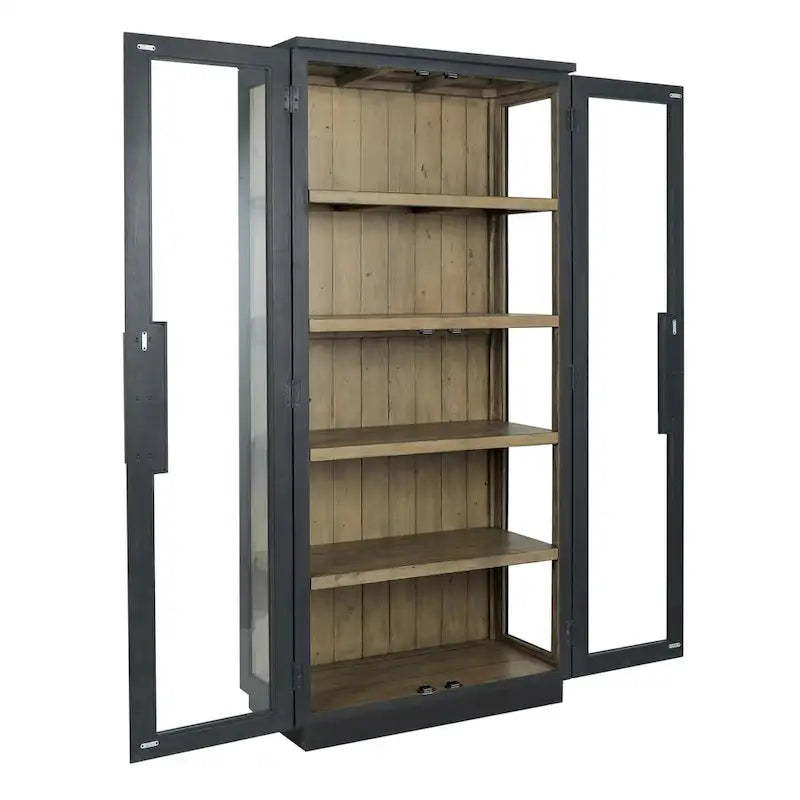 Reclaimed Pine Wood Display Cabinet with Tempered Glass Doors