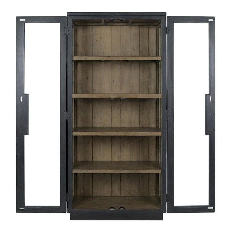 Reclaimed Pine Wood Display Cabinet with Tempered Glass Doors