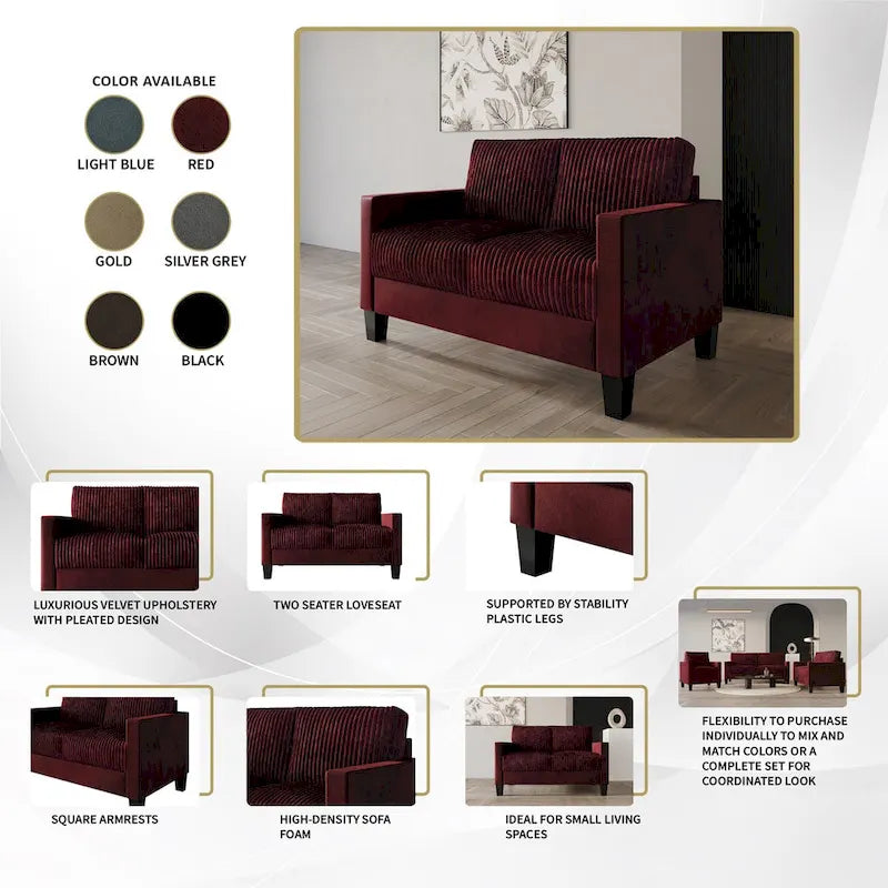 Mid-Century Modern Velvet Loveseat with Pleated Design & Square Armrests