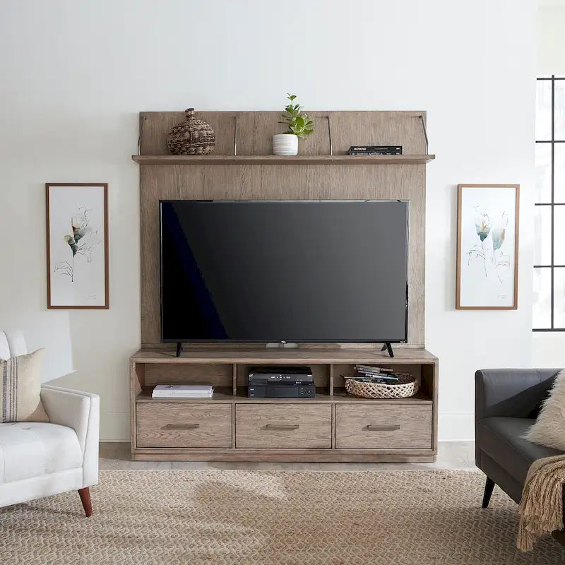 TV Console & Floating Entertainment Deck with Drawers — Burnished Beige