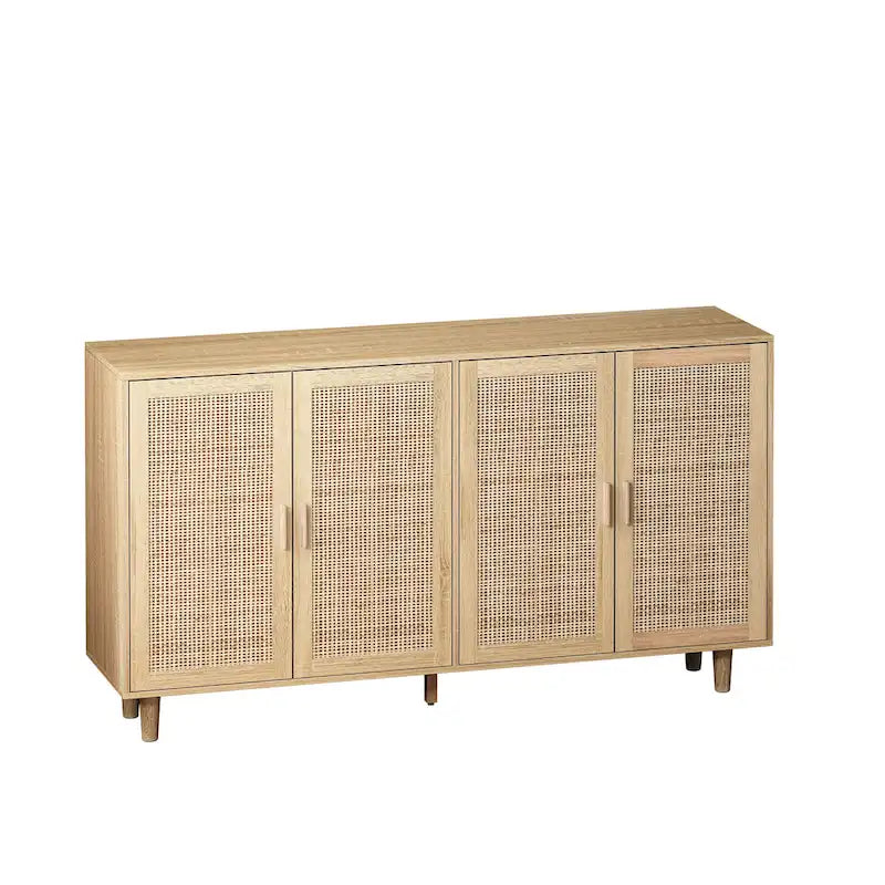4-Door Rattan Sideboard Storage Cabinet with Solid Wood Legs