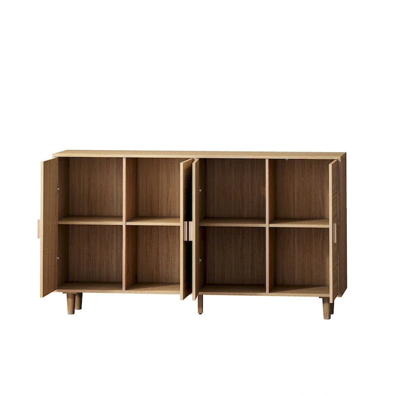 4-Door Rattan Sideboard Storage Cabinet with Solid Wood Legs