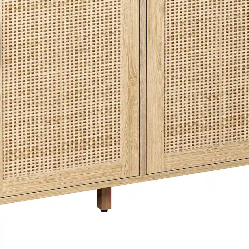 4-Door Rattan Sideboard Storage Cabinet with Solid Wood Legs