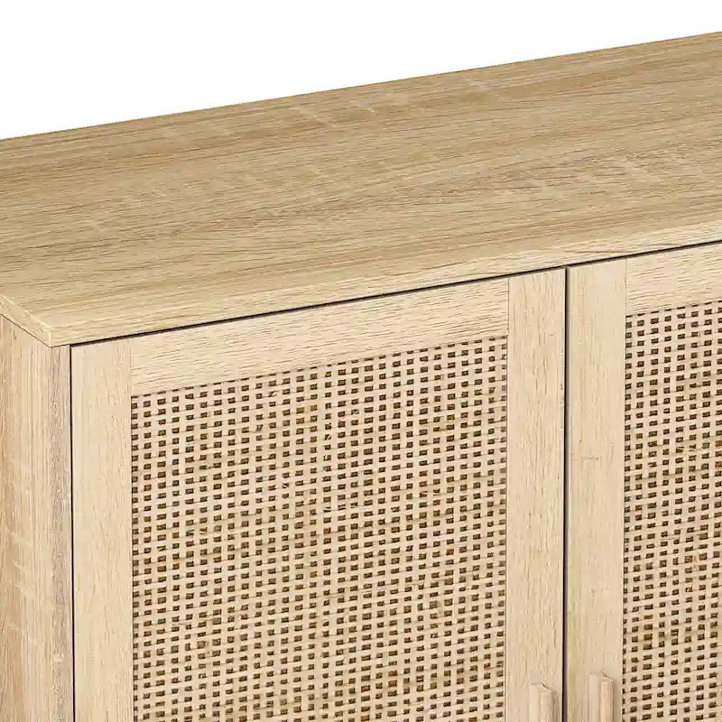4-Door Rattan Sideboard Storage Cabinet with Solid Wood Legs