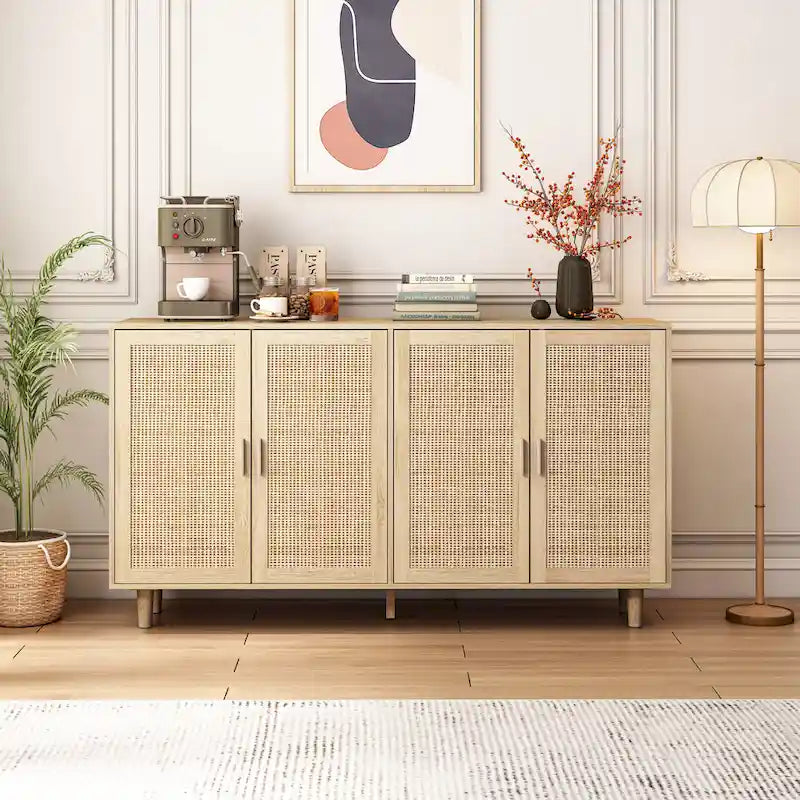 4-Door Rattan Sideboard Storage Cabinet with Solid Wood Legs