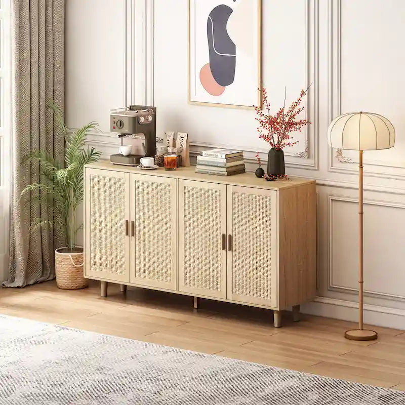 4-Door Rattan Sideboard Storage Cabinet with Solid Wood Legs