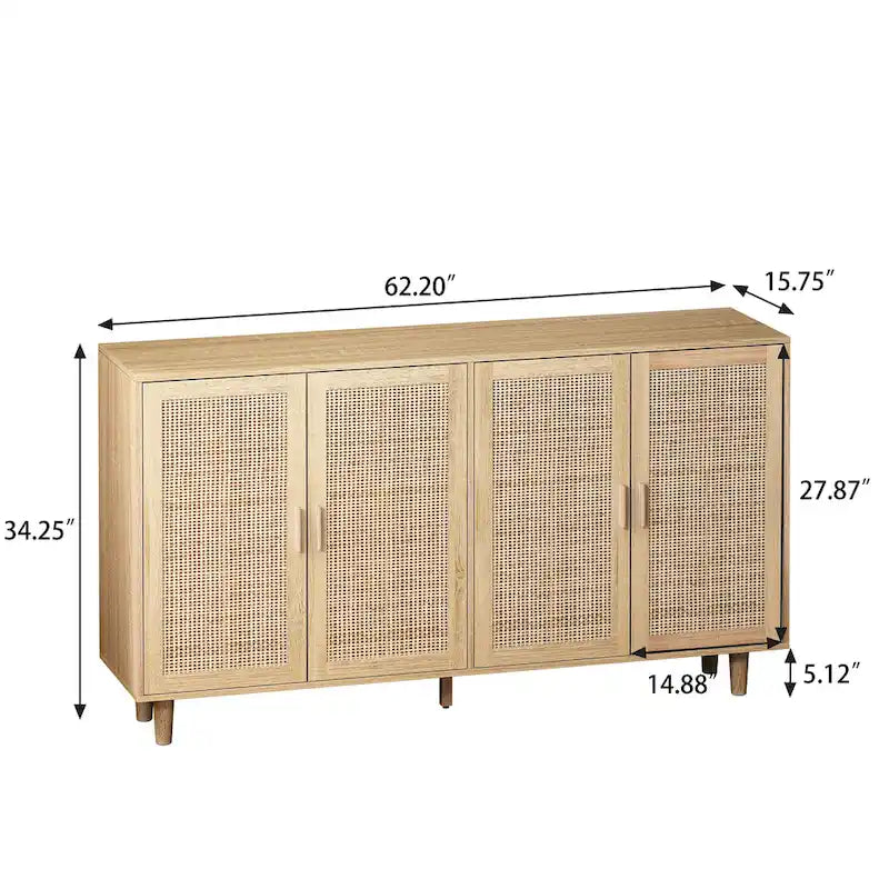 4-Door Rattan Sideboard Storage Cabinet with Solid Wood Legs