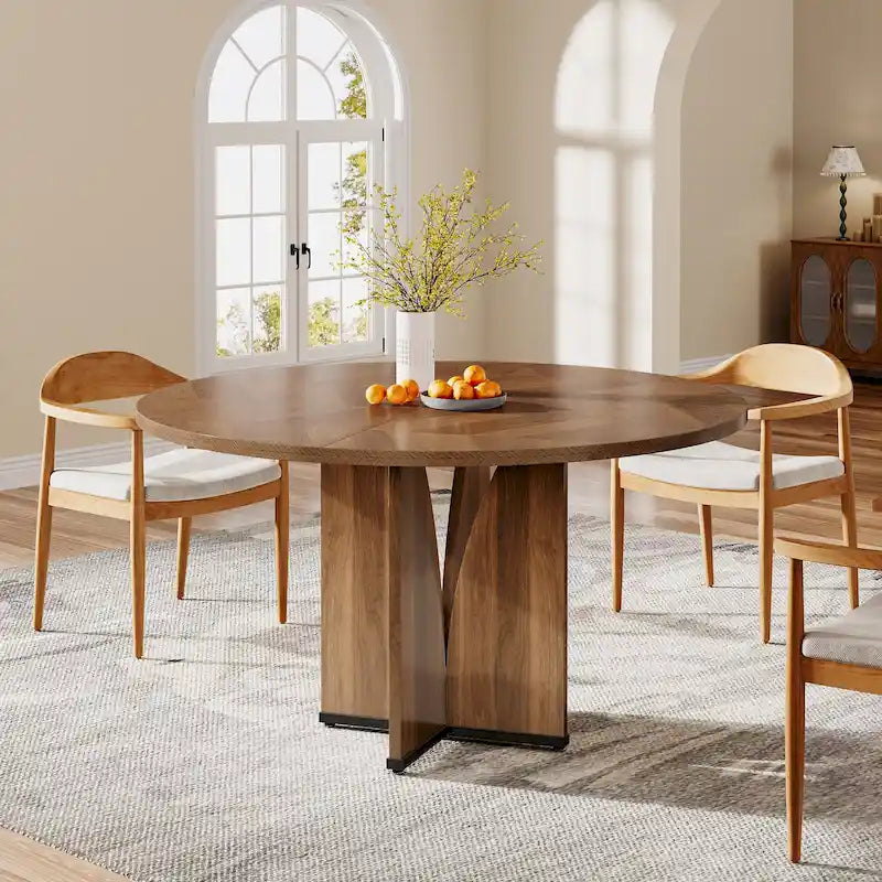 Round Dining Table with Textured Engineered Wood Top & Pedestal Base
