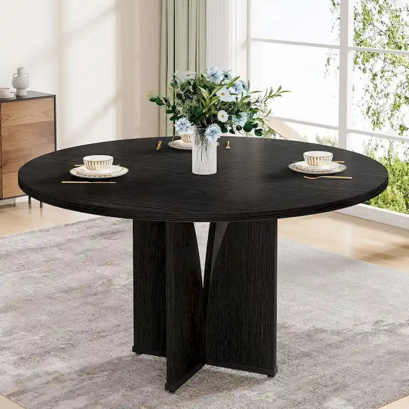Round Dining Table with Textured Engineered Wood Top & Pedestal Base