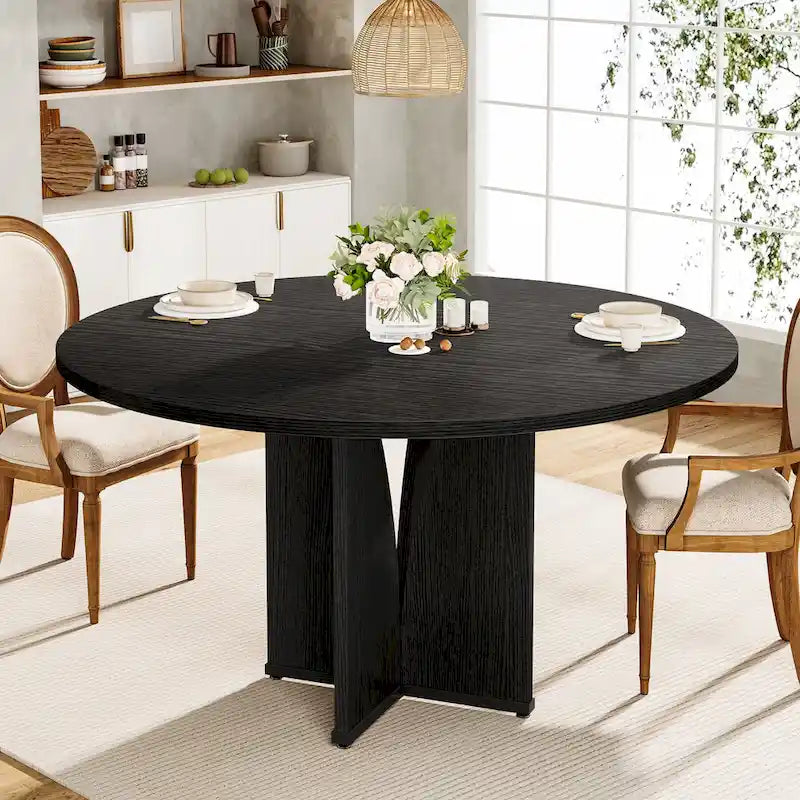 Round Dining Table with Textured Engineered Wood Top & Pedestal Base