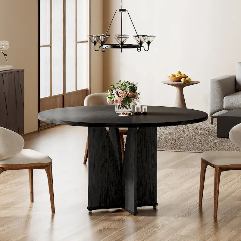 Round Dining Table with Textured Engineered Wood Top & Pedestal Base