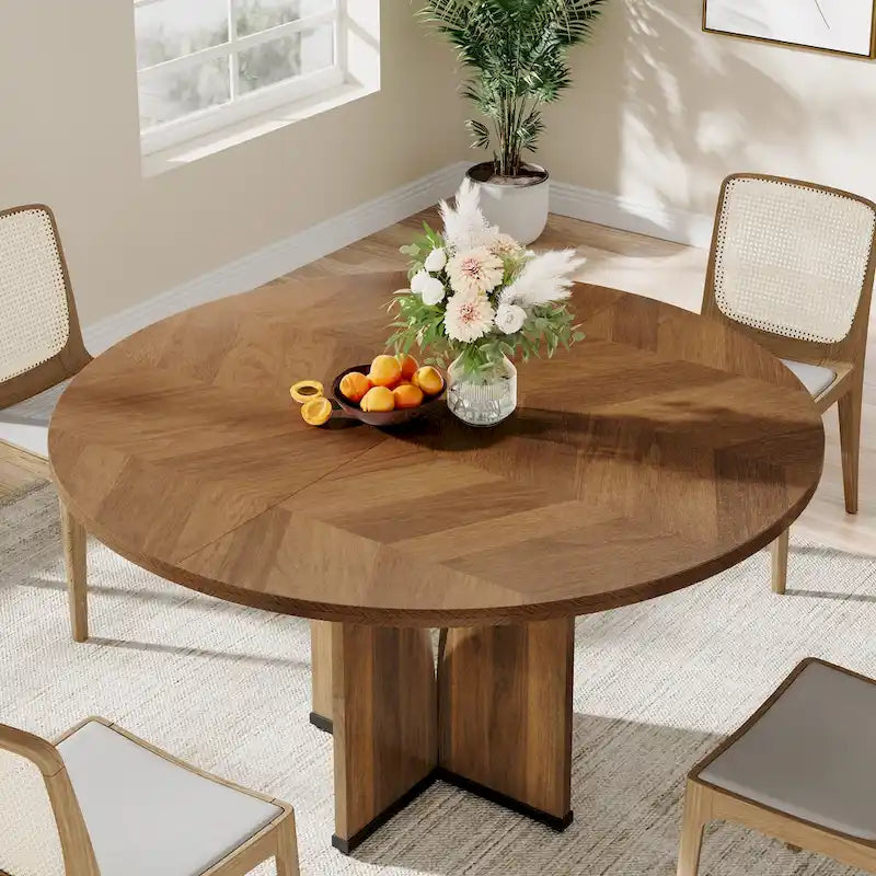 Round Dining Table with Textured Engineered Wood Top & Pedestal Base