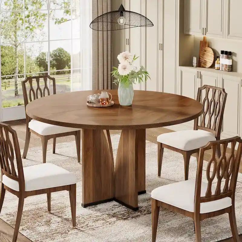 Round Dining Table with Textured Engineered Wood Top & Pedestal Base