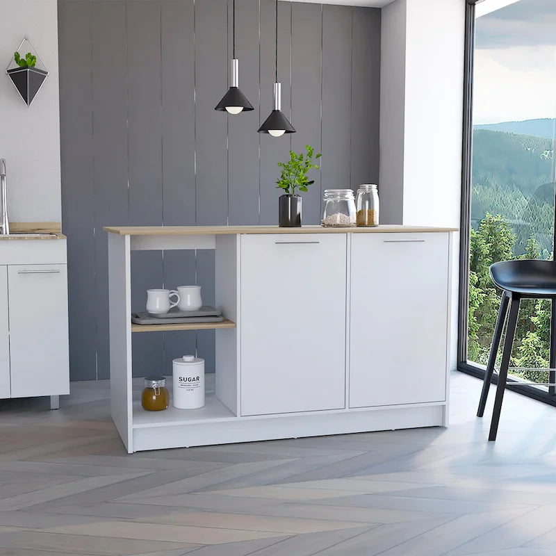 Kitchen Island with Storage Cabinet & Open Shelves