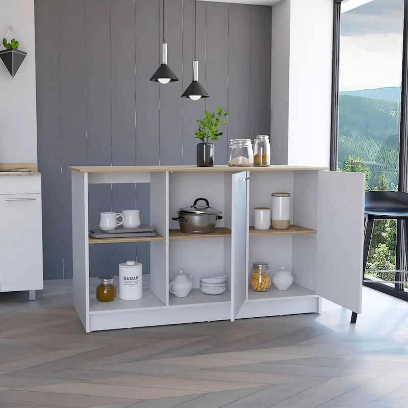 Kitchen Island with Storage Cabinet & Open Shelves