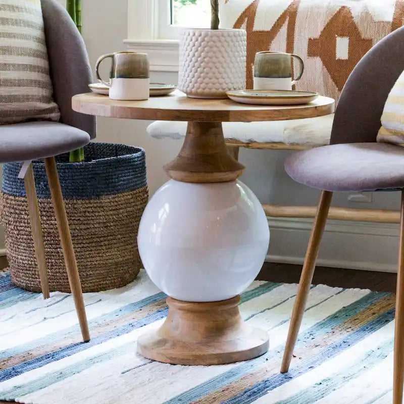 Round Mango Wood & Metal Pedestal Side Table