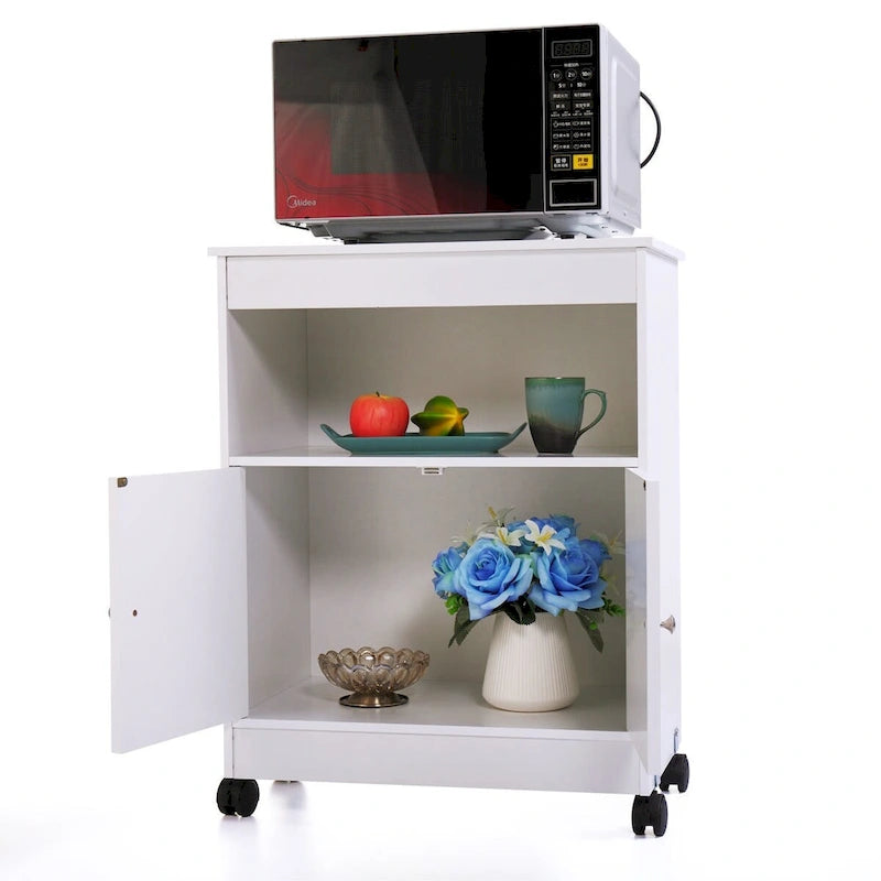 Microwave Storage Cabinet on Wheels with Open Shelf & Double-Door Cabinet