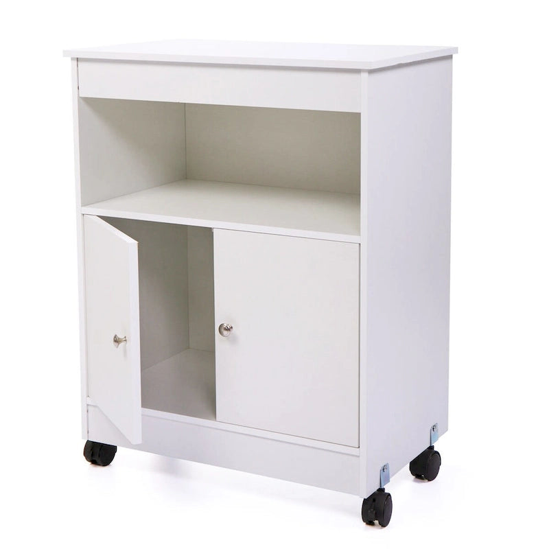 Microwave Storage Cabinet on Wheels with Open Shelf & Double-Door Cabinet