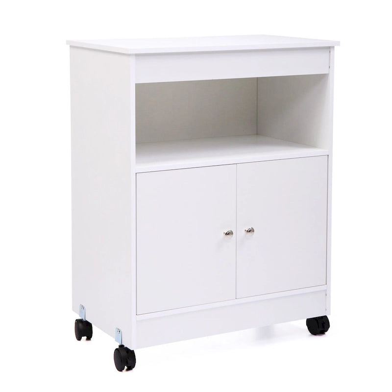 Microwave Storage Cabinet on Wheels with Open Shelf & Double-Door Cabinet