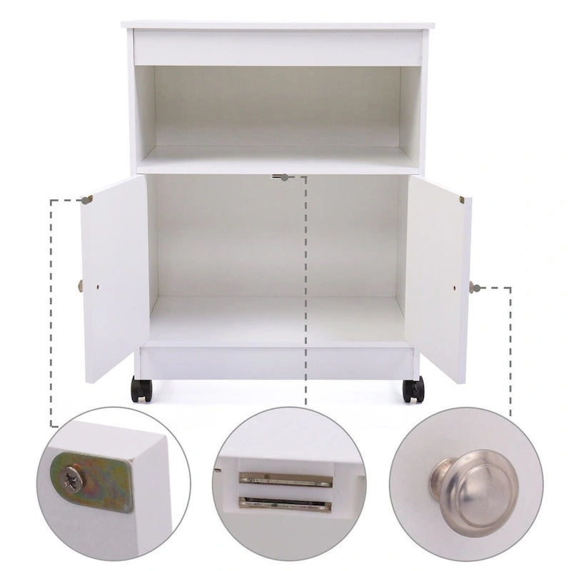 Microwave Storage Cabinet on Wheels with Open Shelf & Double-Door Cabinet