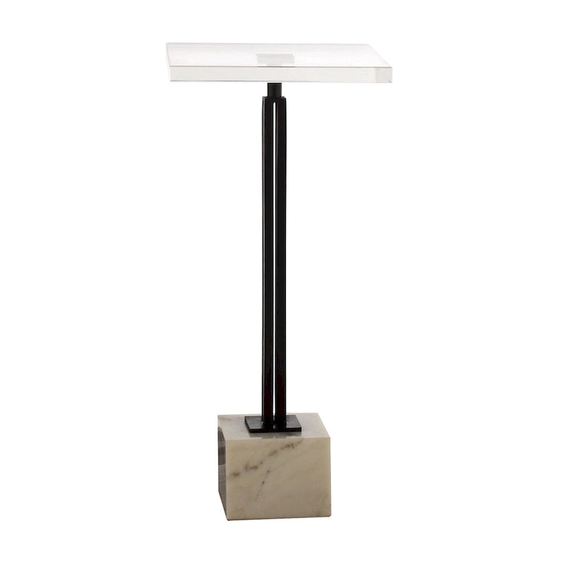 Glass Top Accent Table with Black Metal Column & Marble Pedestal Base
