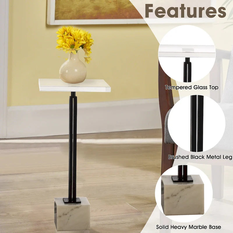 Glass Top Accent Table with Black Metal Column & Marble Pedestal Base