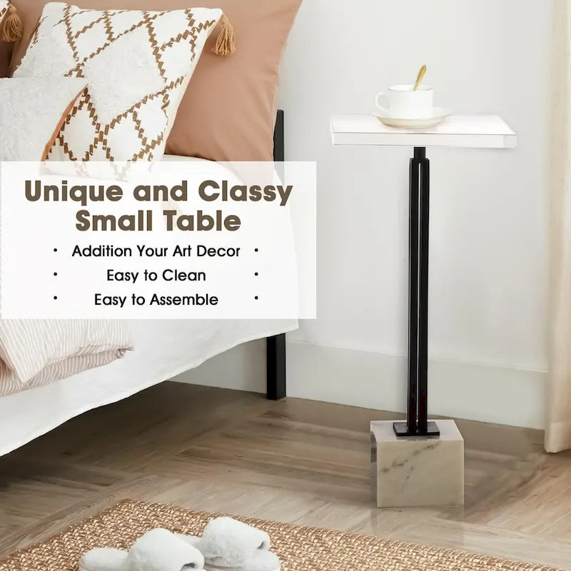 Glass Top Accent Table with Black Metal Column & Marble Pedestal Base
