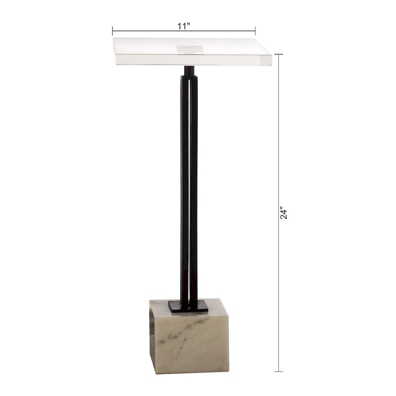 Glass Top Accent Table with Black Metal Column & Marble Pedestal Base