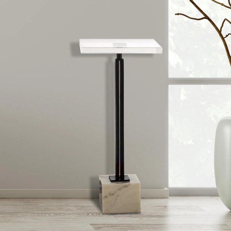 Glass Top Accent Table with Black Metal Column & Marble Pedestal Base