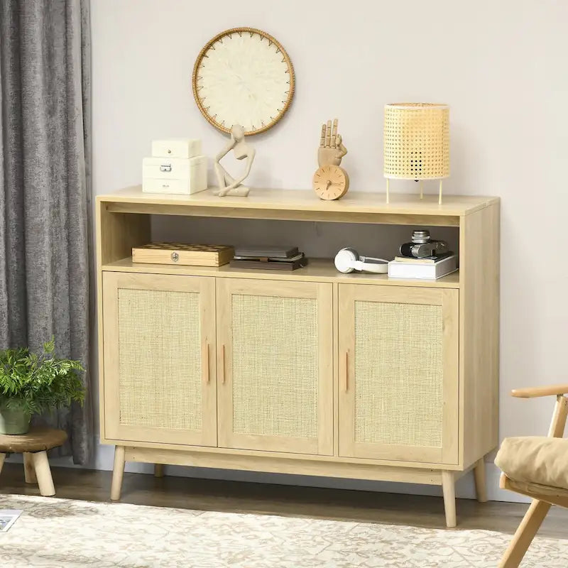 Boho Sideboard Buffet Cabinet with Hand-Woven Rattan Doors