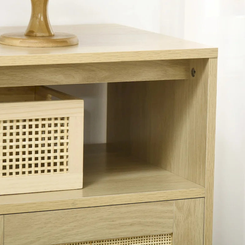 Boho Sideboard Buffet Cabinet with Hand-Woven Rattan Doors