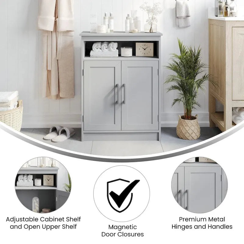 Freestanding Bathroom Storage Cabinet with Open Shelf & Magnetic-Close Doors