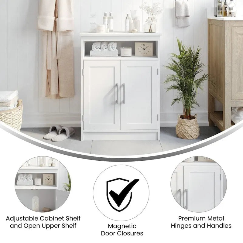 Freestanding Bathroom Storage Cabinet with Open Shelf & Magnetic-Close Doors