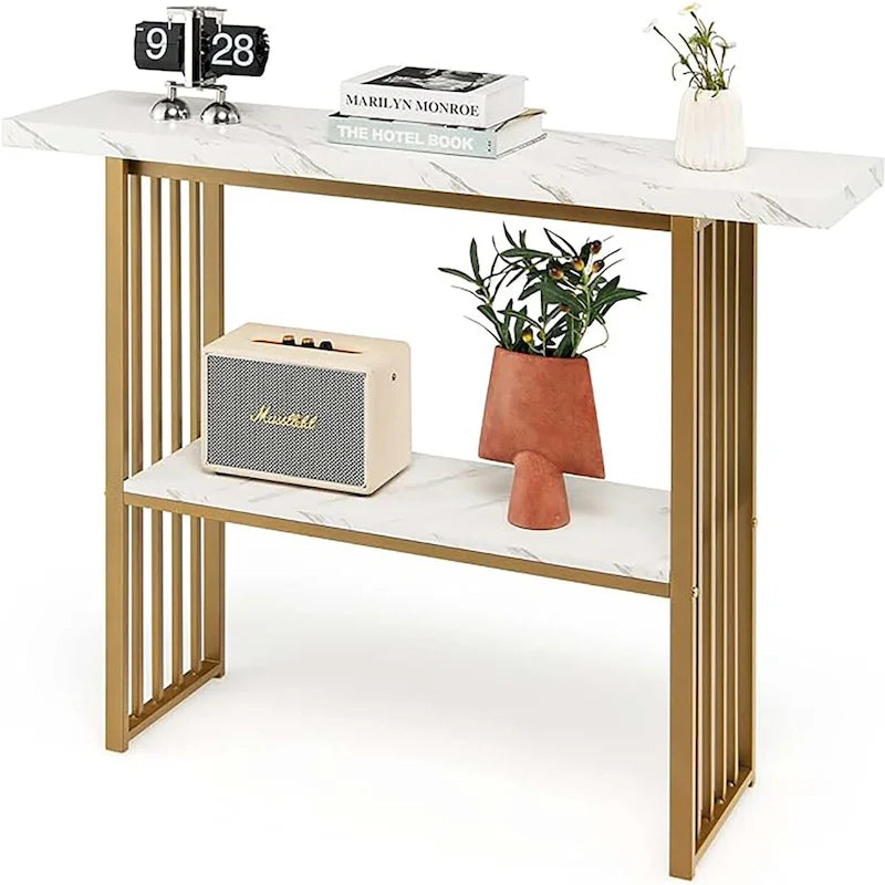 2-Tier Faux Marble Console Table with Gold Metal Frame