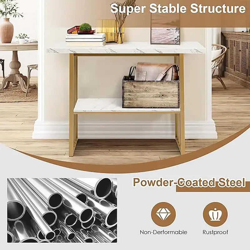 2-Tier Faux Marble Console Table with Gold Metal Frame