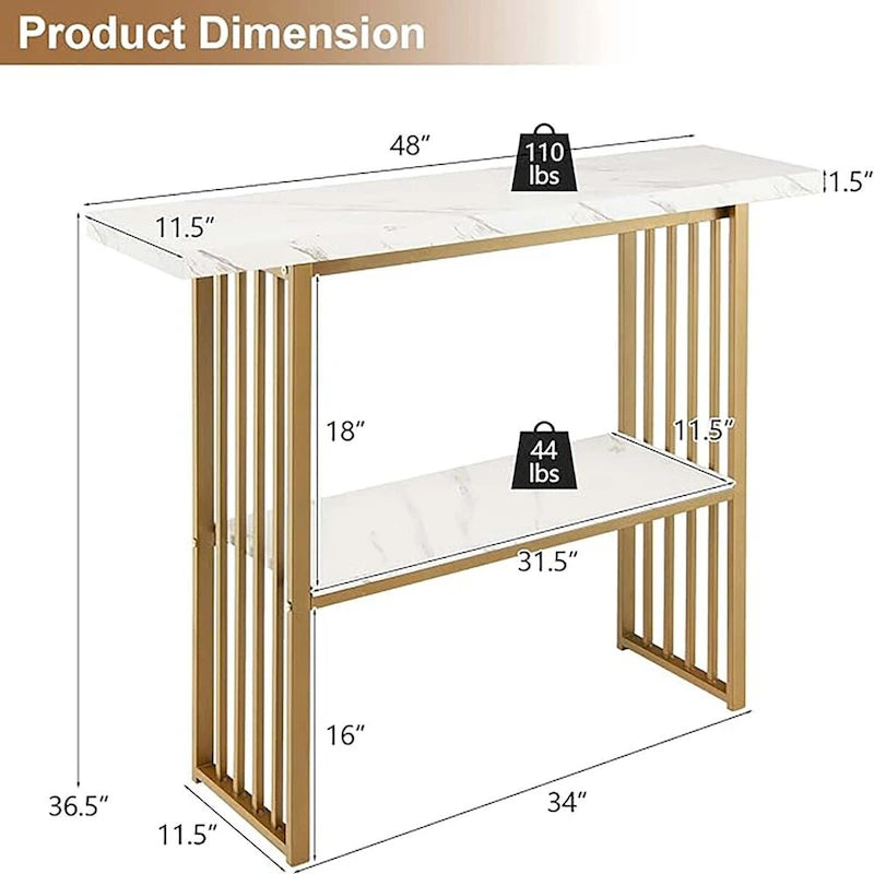2-Tier Faux Marble Console Table with Gold Metal Frame