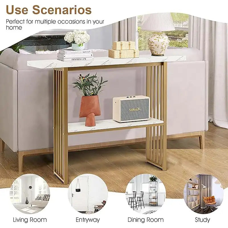 2-Tier Faux Marble Console Table with Gold Metal Frame