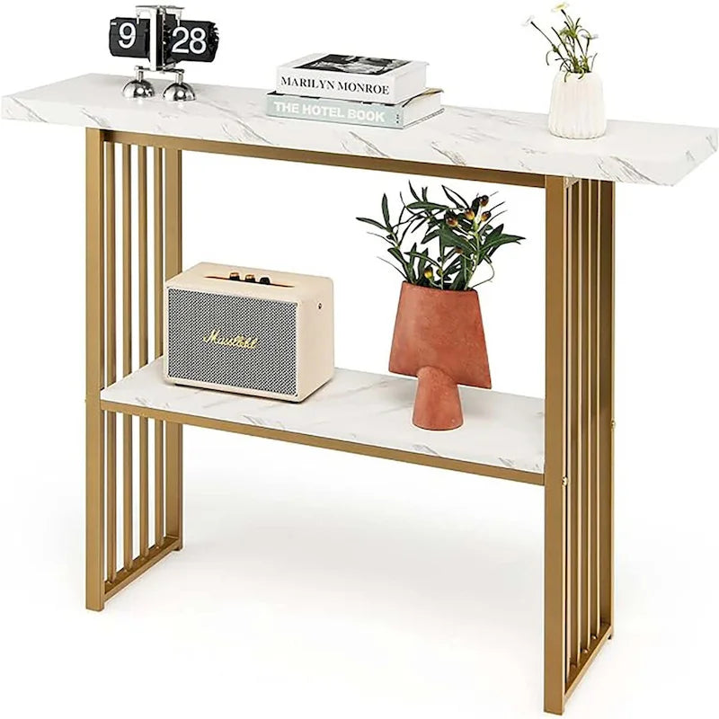 2-Tier Faux Marble Console Table with Gold Metal Frame