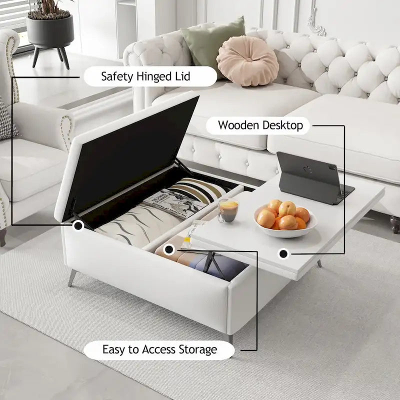 35 inch Wide Square Storage Benches Coffee Table with Lift Top Oversized Storage Ottoman in Upholstered